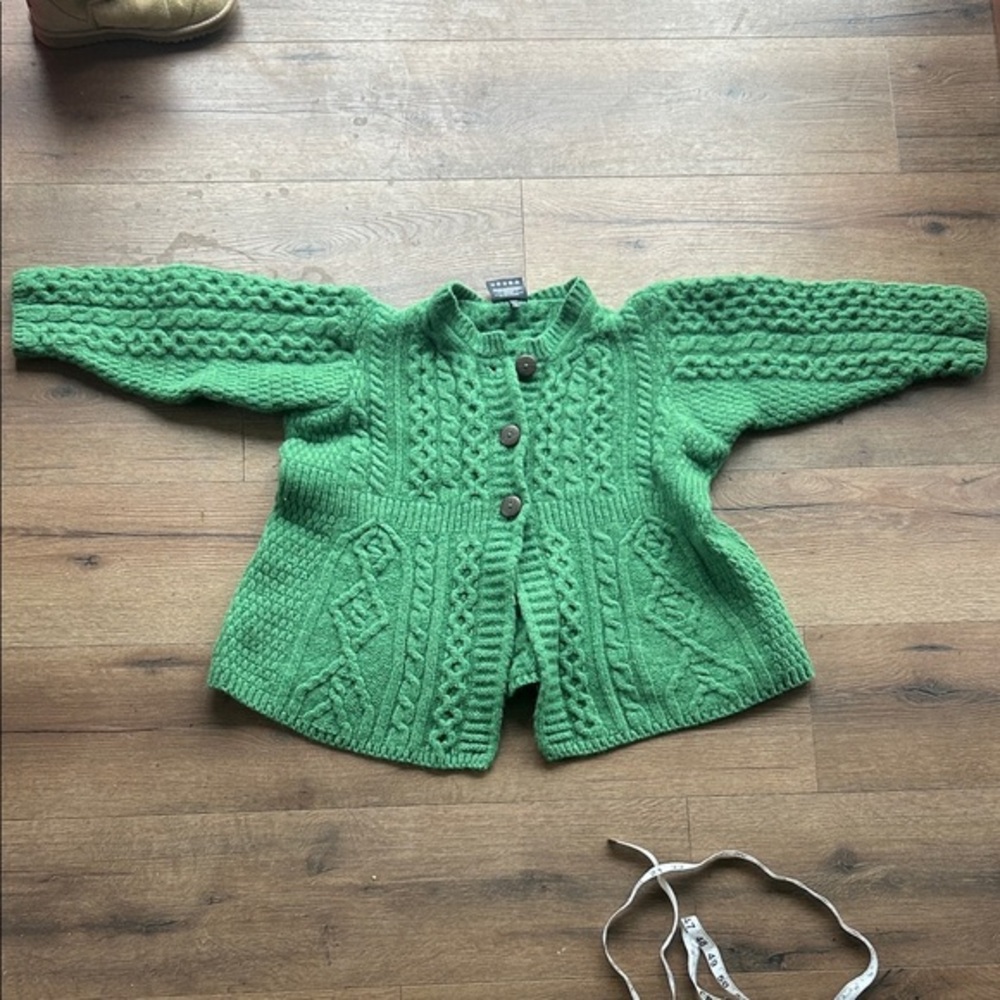 Aran Wool Green Knit Cardigan with Buttons !! Large